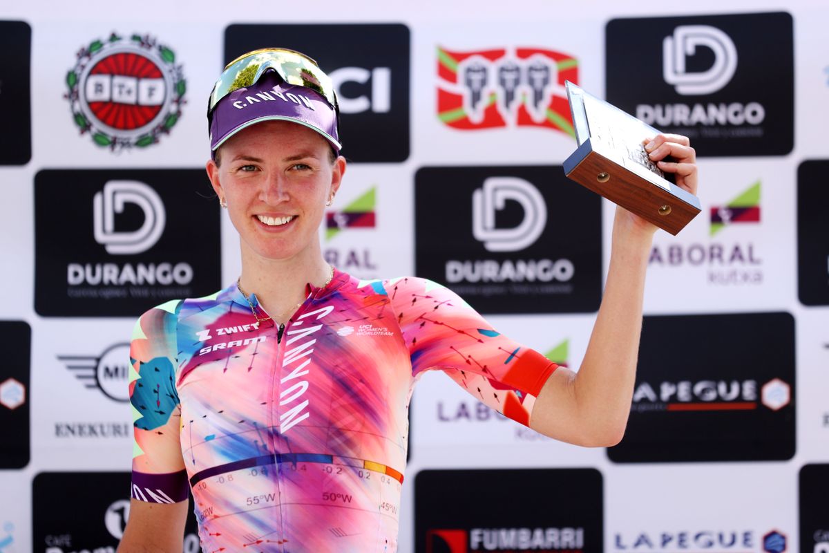 DURANGO SPAIN MAY 17 Pauliena Rooijakkers of Netherlands and Canyon SRAM Racing Team celebrates winning the race on the podium ceremony after the 21st Durango Durango Emakumeen Saria 2022 a 113km one day race from Durango to to Durango DurangoDurango22 on May 17 2022 in Durango Spain Photo by Gonzalo Arroyo MorenoGetty Images