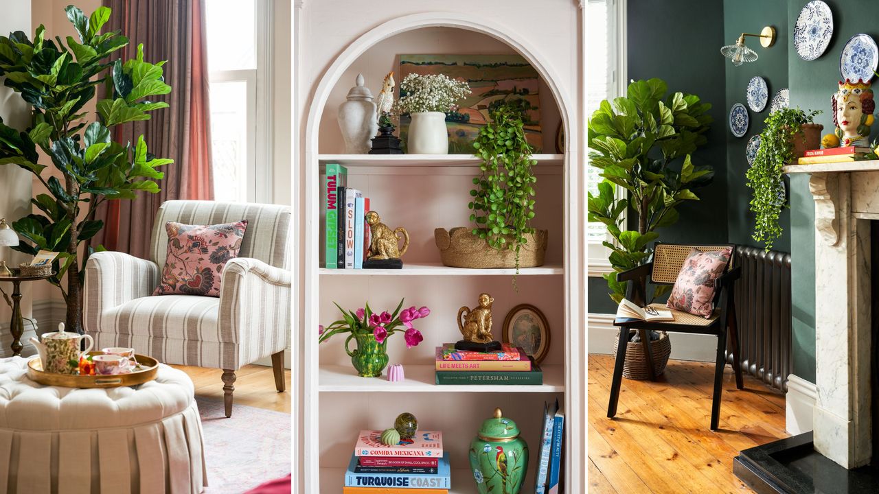 Finding out how to maximize space in a small living room will boost function like these three pictures of small living rooms show - one of an armchair, one of a bookshelf, and one of a chair next to a fireplace