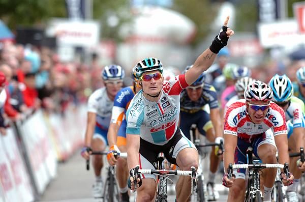 Andre Greipel (Omega Pharma-Lotto) celebrates his victory in stage 1 of the Eneco Tour.