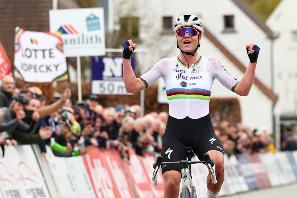 Belgium&#039;s Lotte Kopecky of SD Worx-Protime celebrates after winning the Nokere Koerse