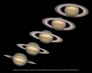 Saturn reaches maximum visibility for 2017 on June 15. This year, the rings will appear at their widest because the planet's northern pole is tilted directly toward Earth. In 2025, the rings will close up and disappear briefly. A former set of ring tilts were captured in this five-year composite that was taken by the Hubble Space Telescope.