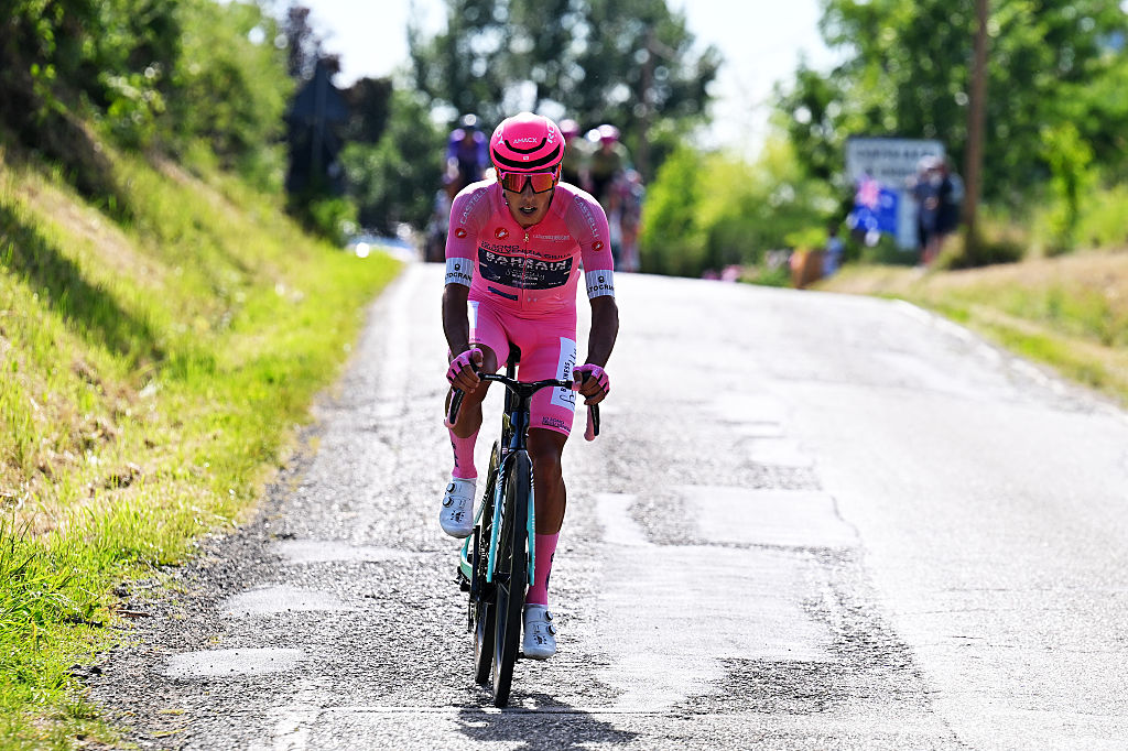 NOVI LIGURE, ITALY - MAY 21: Afonso Eulalio of Portugal and Team Bahrain - Victorious - Pink Leader Jersey attacks during the 109th Giro d&amp;amp;apos;Italia 2026, Stage 12 a 175km stage from Imperia to Novi Ligure / #UCIWT / on May 21, 2026 in Novi Ligure, Italy. (Photo by Tim de Waele/Getty Images)