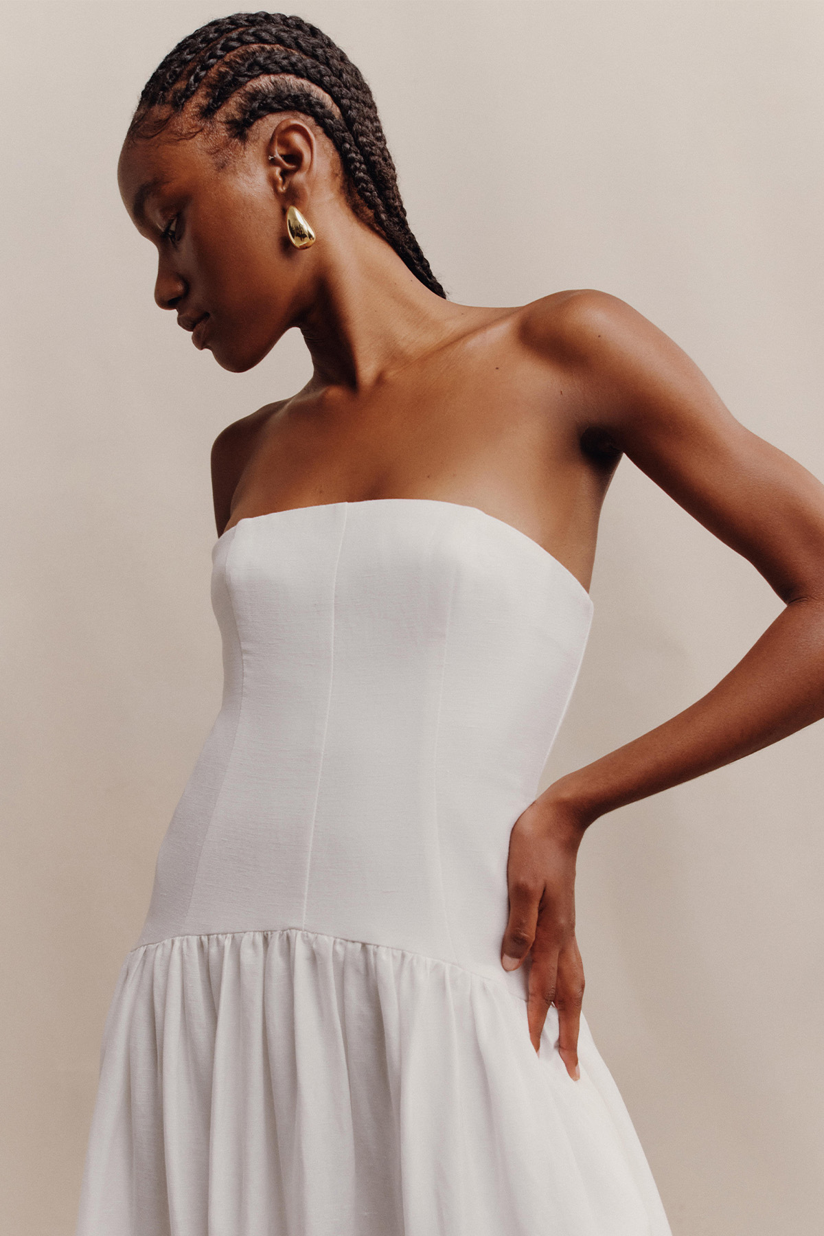 Blanc Linen Strapless Panelled Maxi Dress