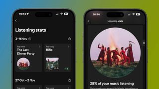 Two iPhones showing Spotify's new listening stats and special highlight card 
