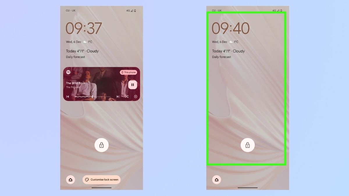 Снимок экрана, показывающий, как отключить «Показывать мультимедиа на экране блокировки»: на двух экранах телефона показаны включенная и отключенная функция.