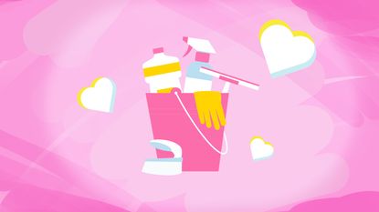 An illustration of a cleaning mop with love hearts around it