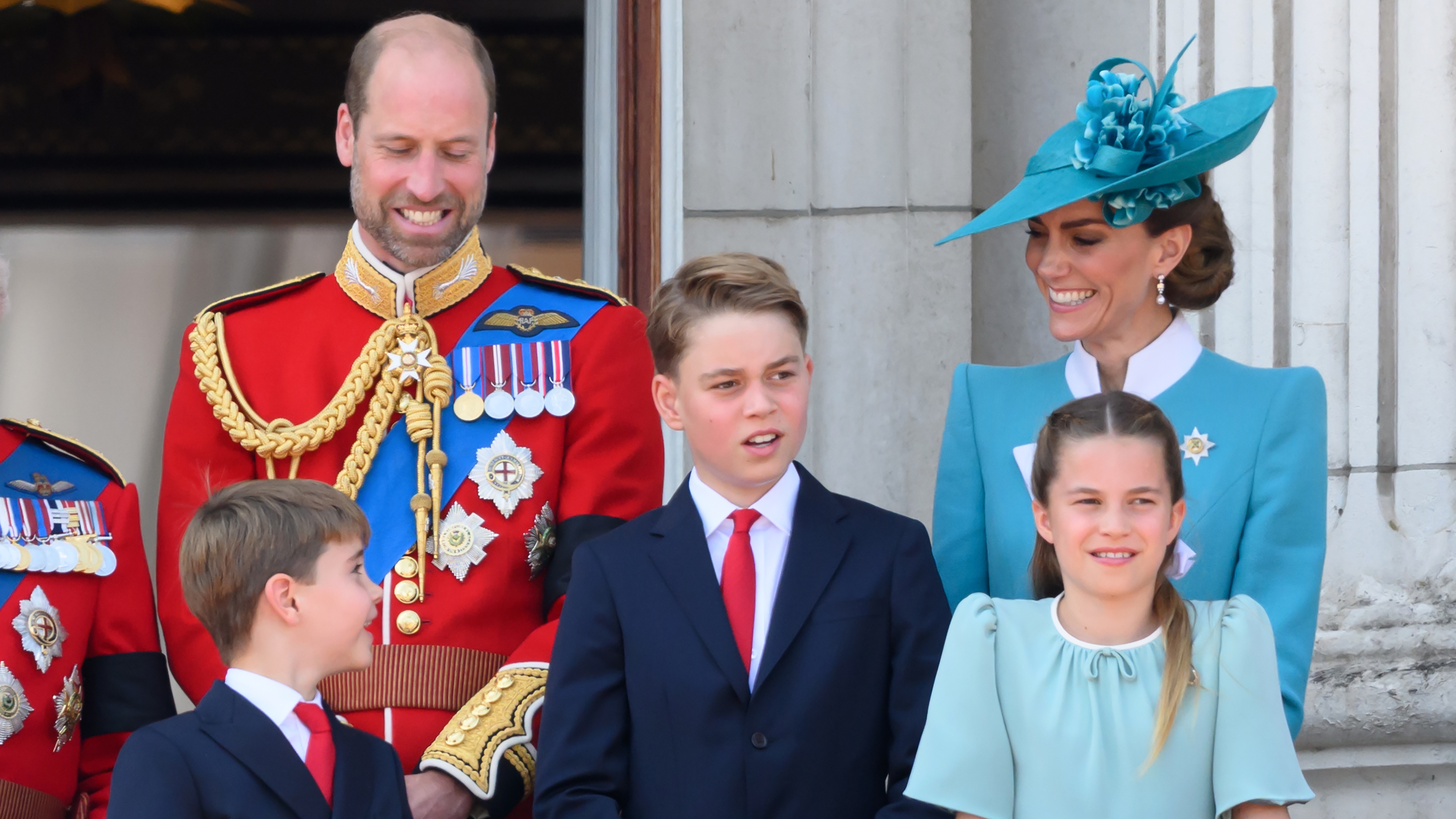 Prince Louis of Wales, Prince William, Prince of Wales, Prince George of Wales, Catherine, Princess of Wales and Princess Charlotte of Wales on the balcony of Buckingham Palace during Trooping The Colour 2025