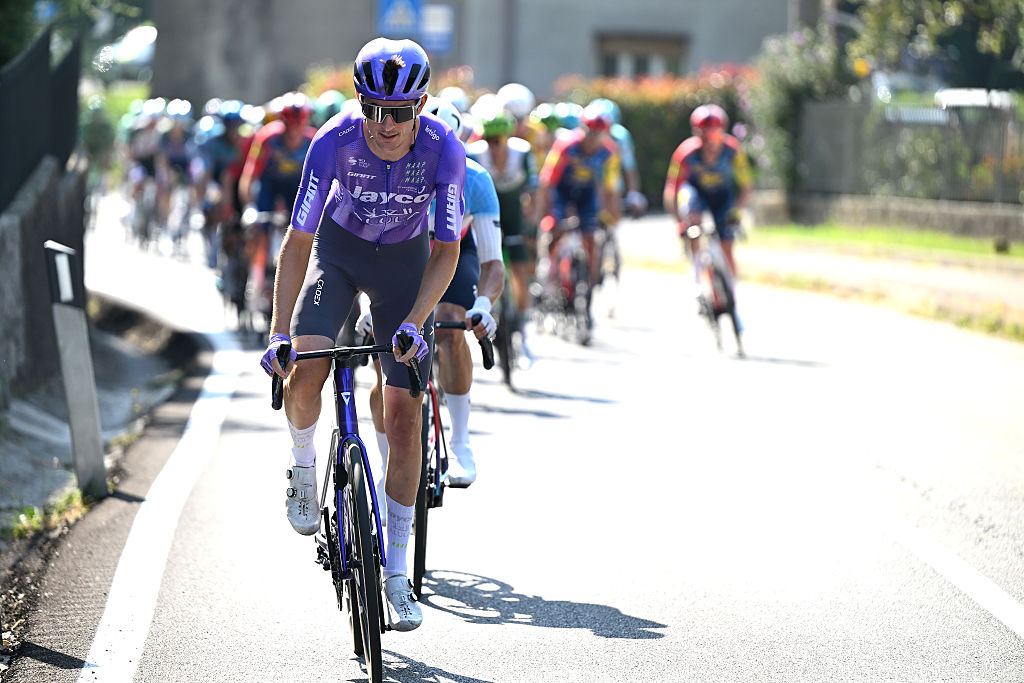 LISSONE, ITALY - OCTOBER 04: Asbjorn Hellemose of Denmark and Team Jayco AlUla competes during the 79th Coppa Agostoni - Giro Delle Brianze 2026 a 166.7km one day race from Lissone to Lissone on October 04, 2026 in Lissone, Italy. (Photo by Dario Belingheri/Getty Images)