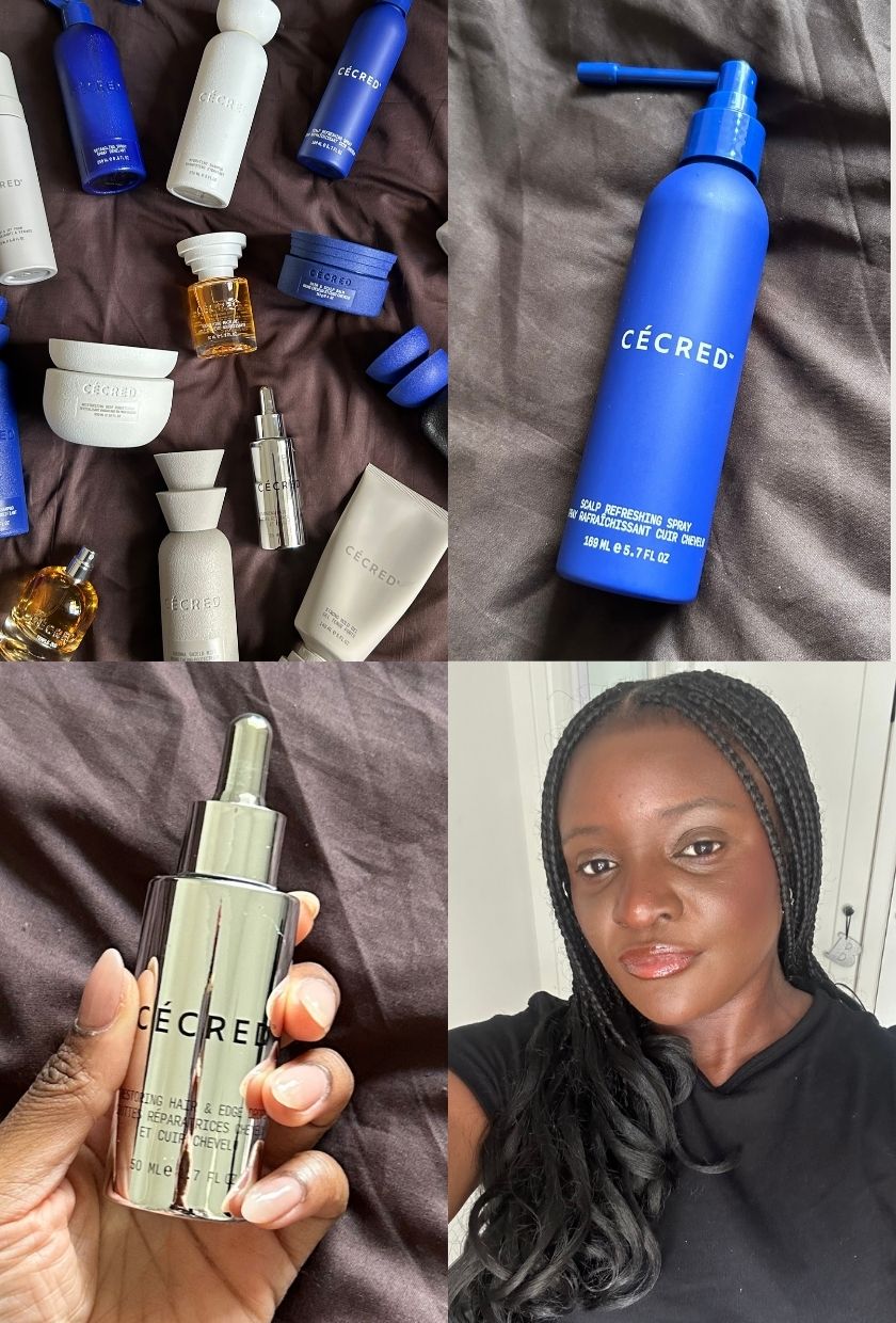 Close-up shots of the best C&amp;eacute;cred products including the Scalp Refreshing Spray and Restoring Hair &amp;amp; Edge Drops, and Who What Wear UK's junior writer Brittany Davy after using C&amp;eacute;cred's products