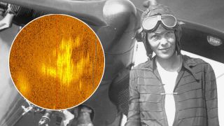 Amelia Earhart stands in front of her airplane/Sonar image taken of potential Earhart aircraft