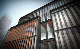 metallic facade with its interlocking, light-reflecting grid