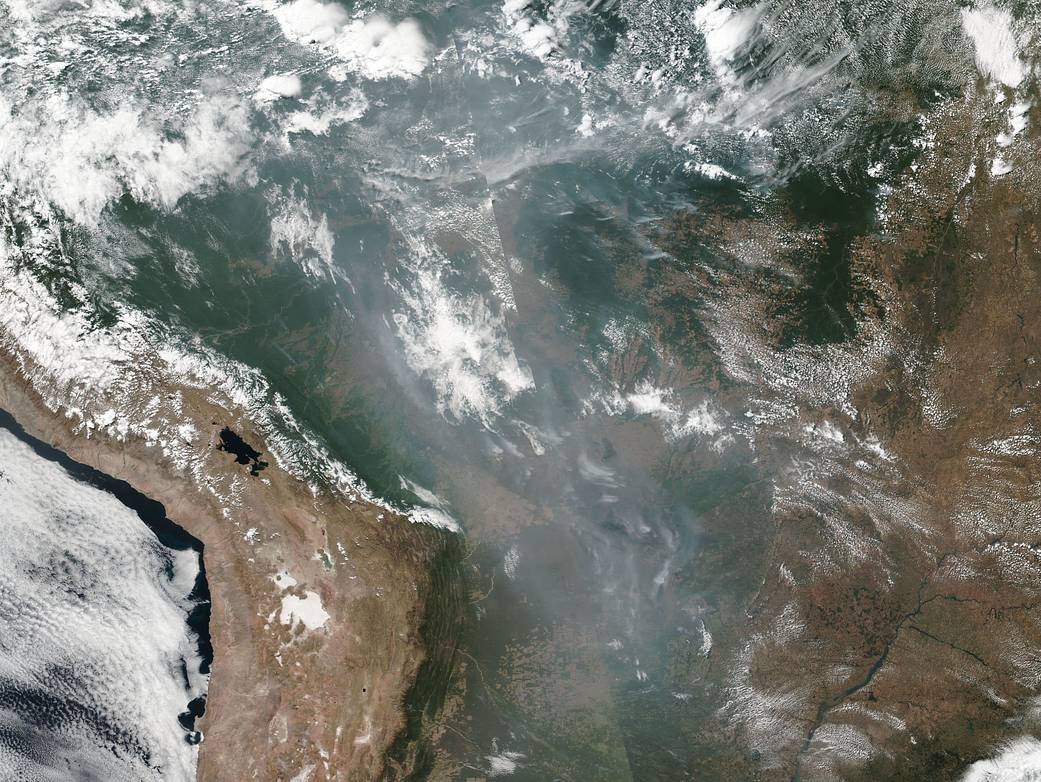 Following continuing wildfires in the Amazon rainforest, NOAA/NASA's Suomi NPP satellite captured a natural-color image of smoke above South America using the VIIRS (Visible Infrared Imaging Radiometer Suite) instrument on Aug. 21, 2019.