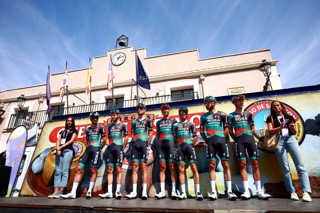 BURGOS SPAIN AUGUST 15 Aleksandr Vlasov of Russia Matteo Fabbro of Italy Florian Lipowitz of Germany Victor Koretzky of France Lennard Kmna of Germany LuisJoe Lhrs of Germany Anton Palzer of Germany and Team BORA hansgrohe during the 45th Vuelta a Burgos 2023 Stage 1 a 161km stage from Villalba de Duero to Burgos on August 15 2023 in Burgos Spain Photo by Gonzalo Arroyo MorenoGetty Images