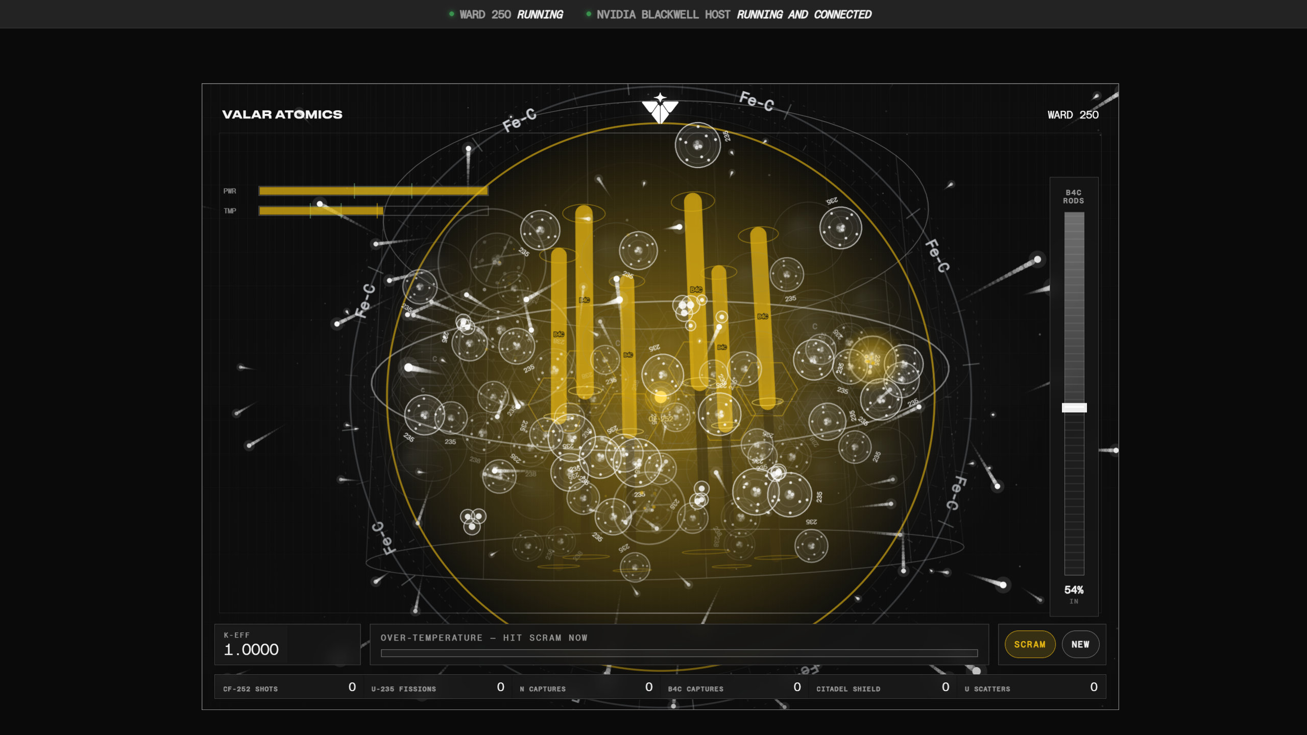 A screenshot of a stylized, interactive demo of Valar Atomic's Ward 250 reactor operation