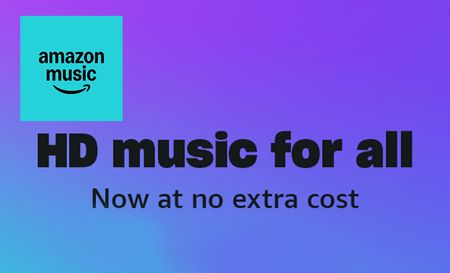 Amazon Music logo top left with text promoting amazon music with a purple and blue gradient background 