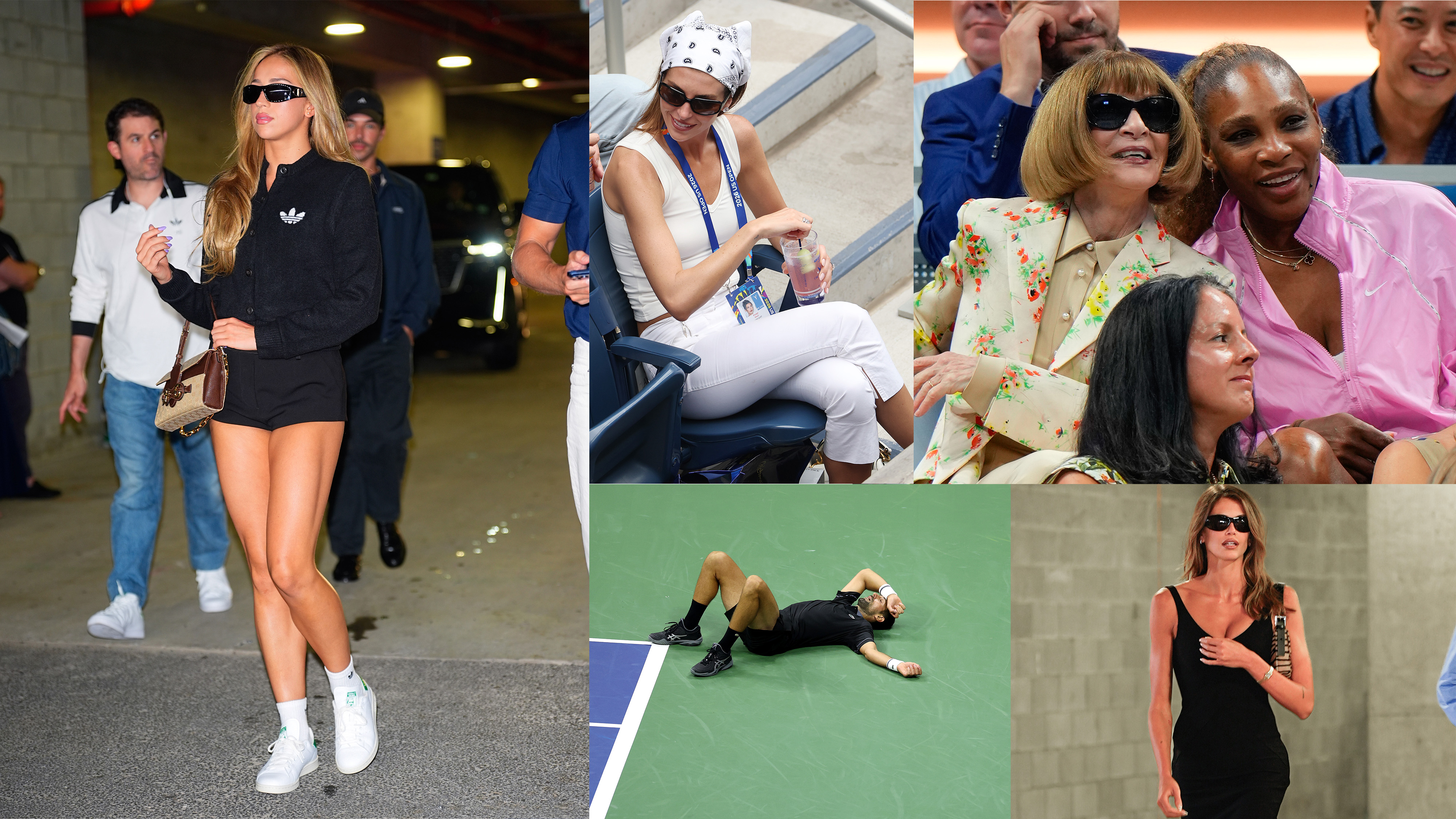 A collage featuring images of celebrities and athletes at the 2026 US Open.