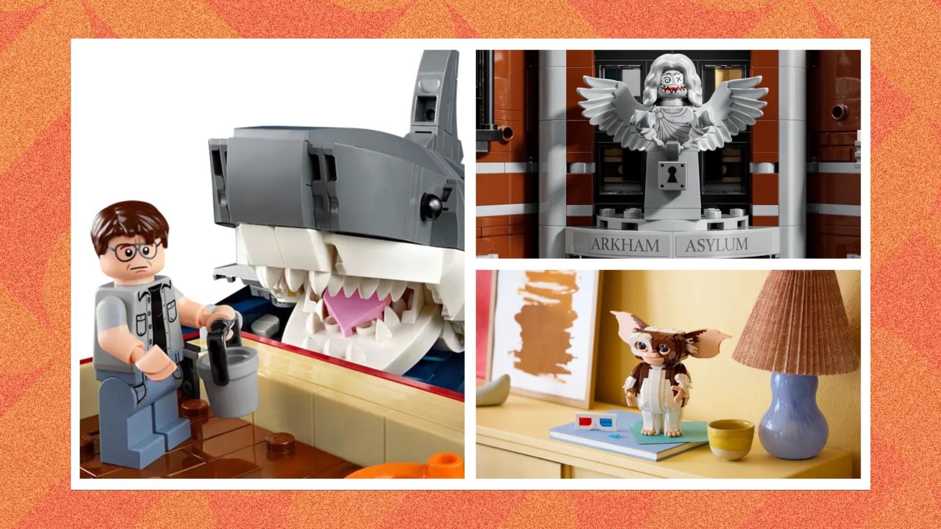 Three Halloween LEGO sets sliced together including: Jaws, Gizmo and Arkham Asylum 