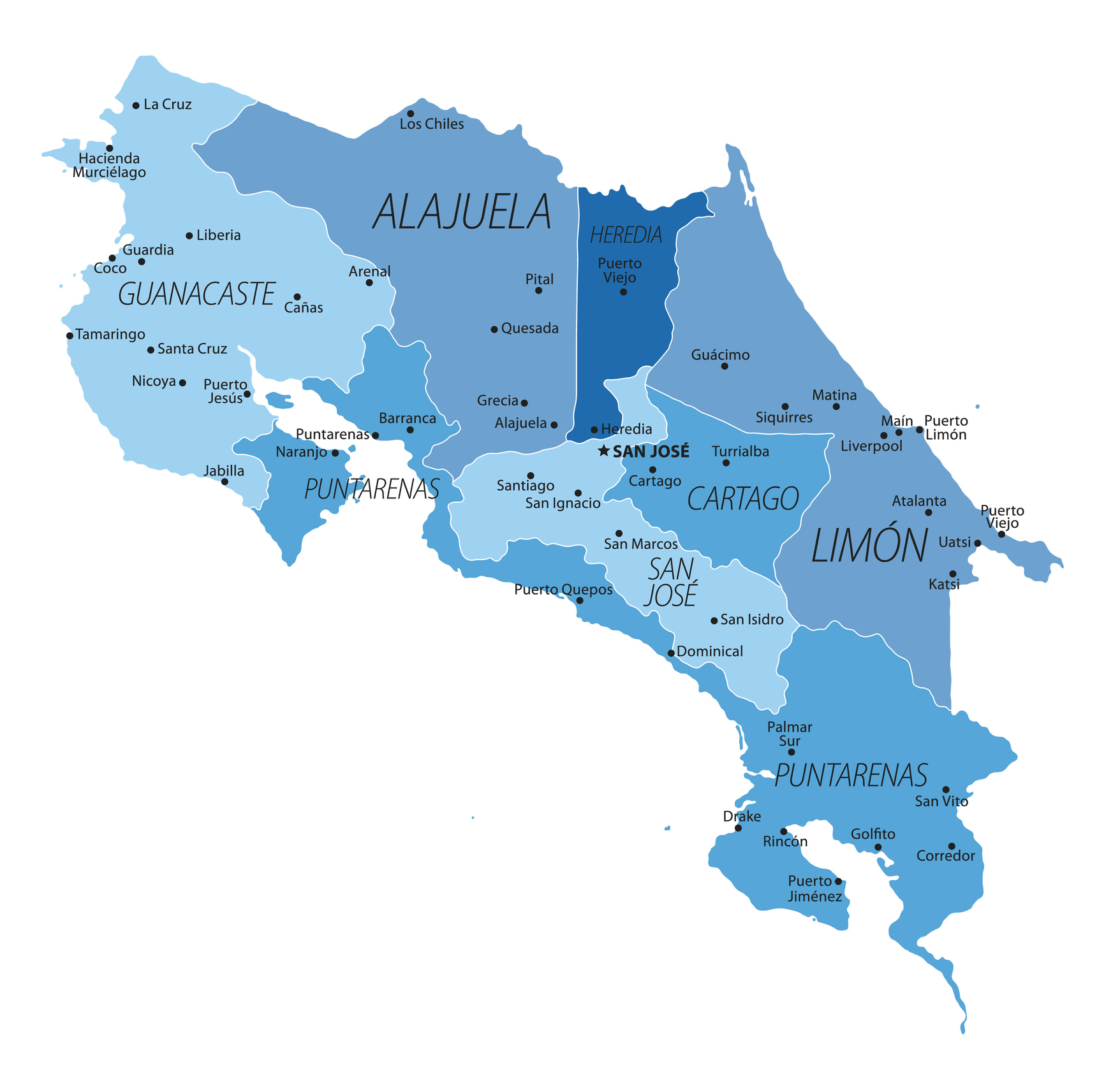 A map of Costa Rica showing provinces and major cities.
