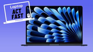 Midnight M3 MacBook Air against blue gradient background with act fast deal badge