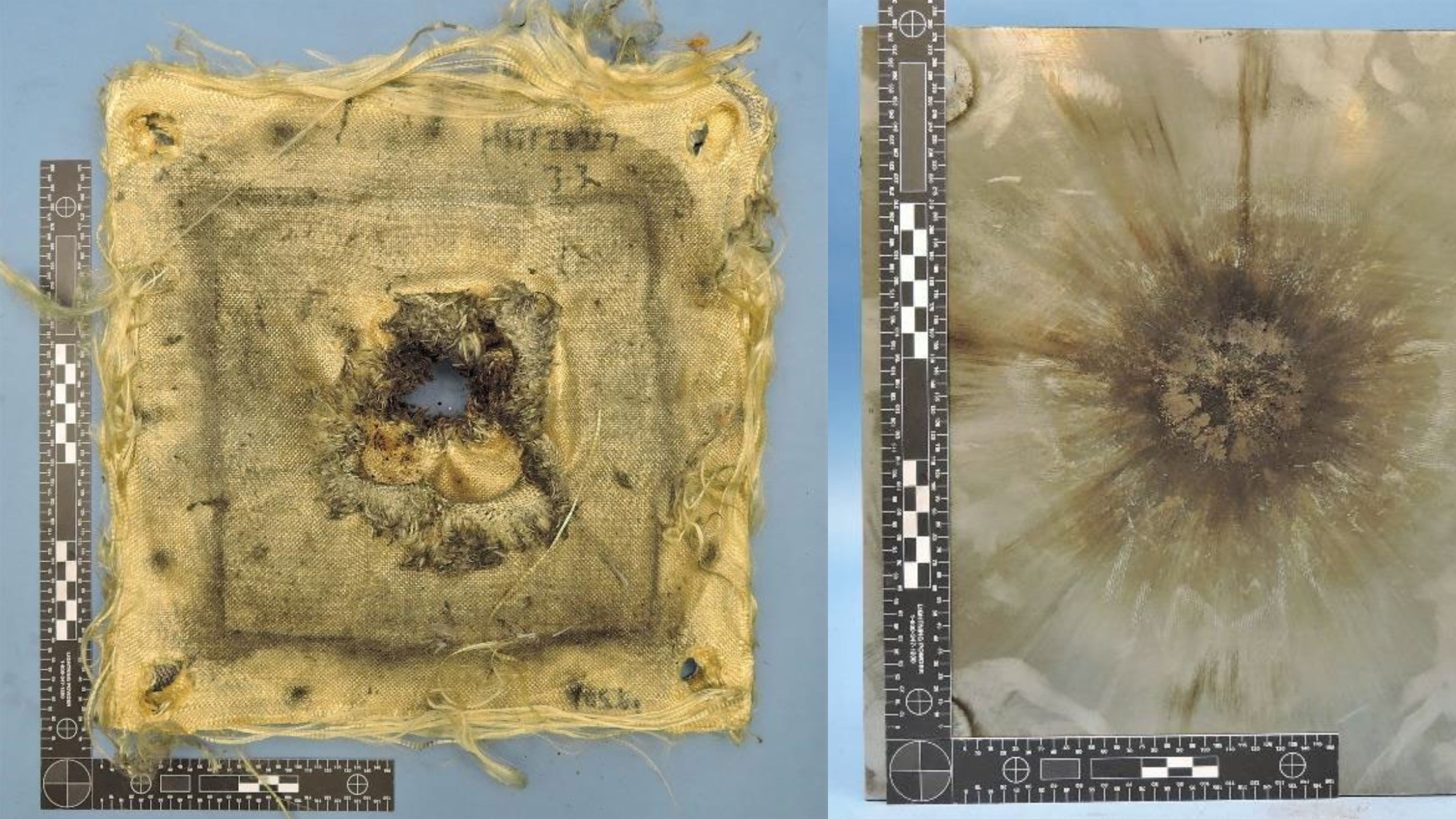 Side by side squares with L shaped rulers show holes in the center from an impact. Front and rear view of a tested space debris shield.