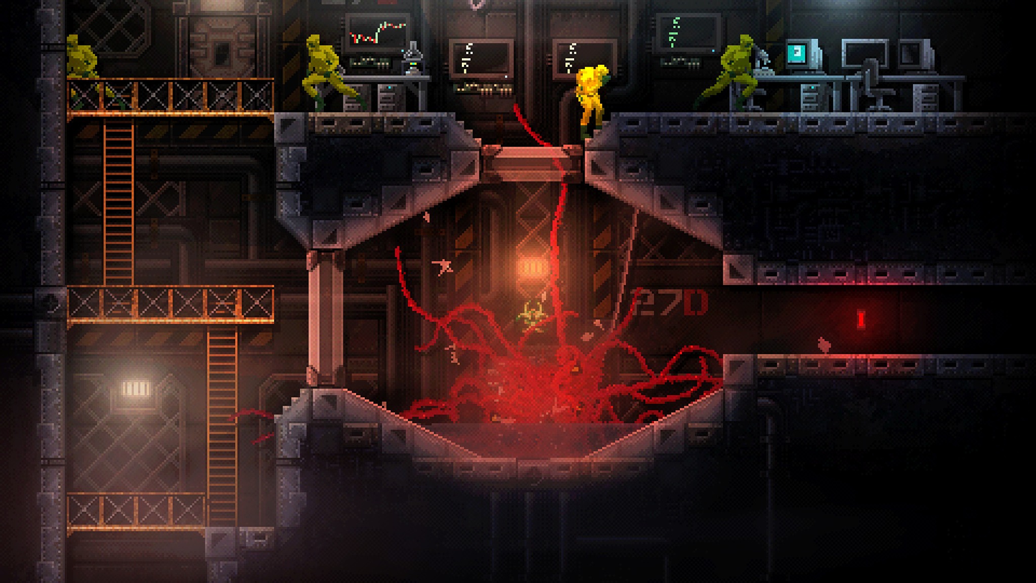 Promotional screenshot of the protagonist 'creature' wreaking havoc in Carrion