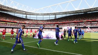 Leicester City take to the pitch ahead of the Premier League match between Arsenal FC and Leicester City at Emirates Stadium on August 13, 2022 in London, United Kingdom