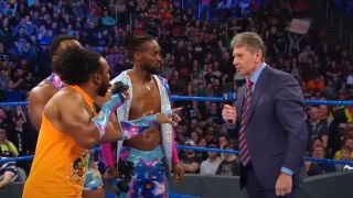 The New Day confronting Vince McMahon on SmackDown