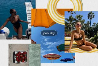 Collage of women at the pool with umbrellas, pool floats, and berries