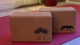 Two cork yoga blocks on red yoga mat. One block has a small print of three palm trees in black in the bottom right corner, the other block has a small print of a jaguar in black in the bottom right corner