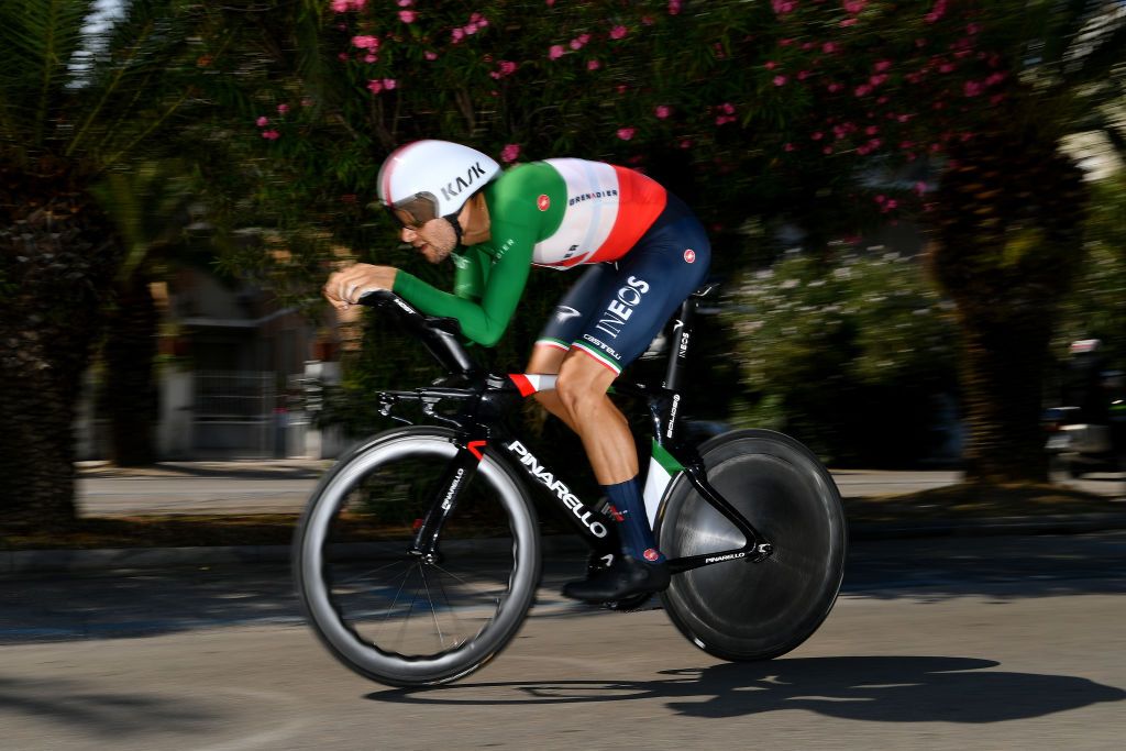 SAN BENEDETTO DEL TRONTO ITALY SEPTEMBER 14 Filippo Ganna of Italy and Team INEOS Grenadiers during the 55th TirrenoAdriatico 2020 Stage 8 a 101km Individual Time Trial in San Benedetto del Tronto ITT TirrenAdriatico on September 14 2020 in San Benedetto del Tronto Italy Photo by Justin SetterfieldGetty Images