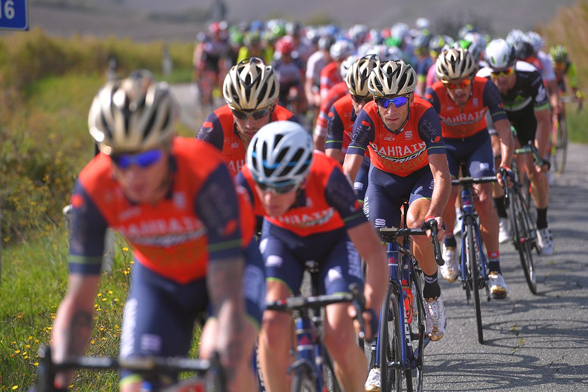 Vincenzo Nibali tucked in behind his Bahrain-Merida teammates