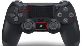 A DualShock 4 controller with the PS button and SHARE button highlighted