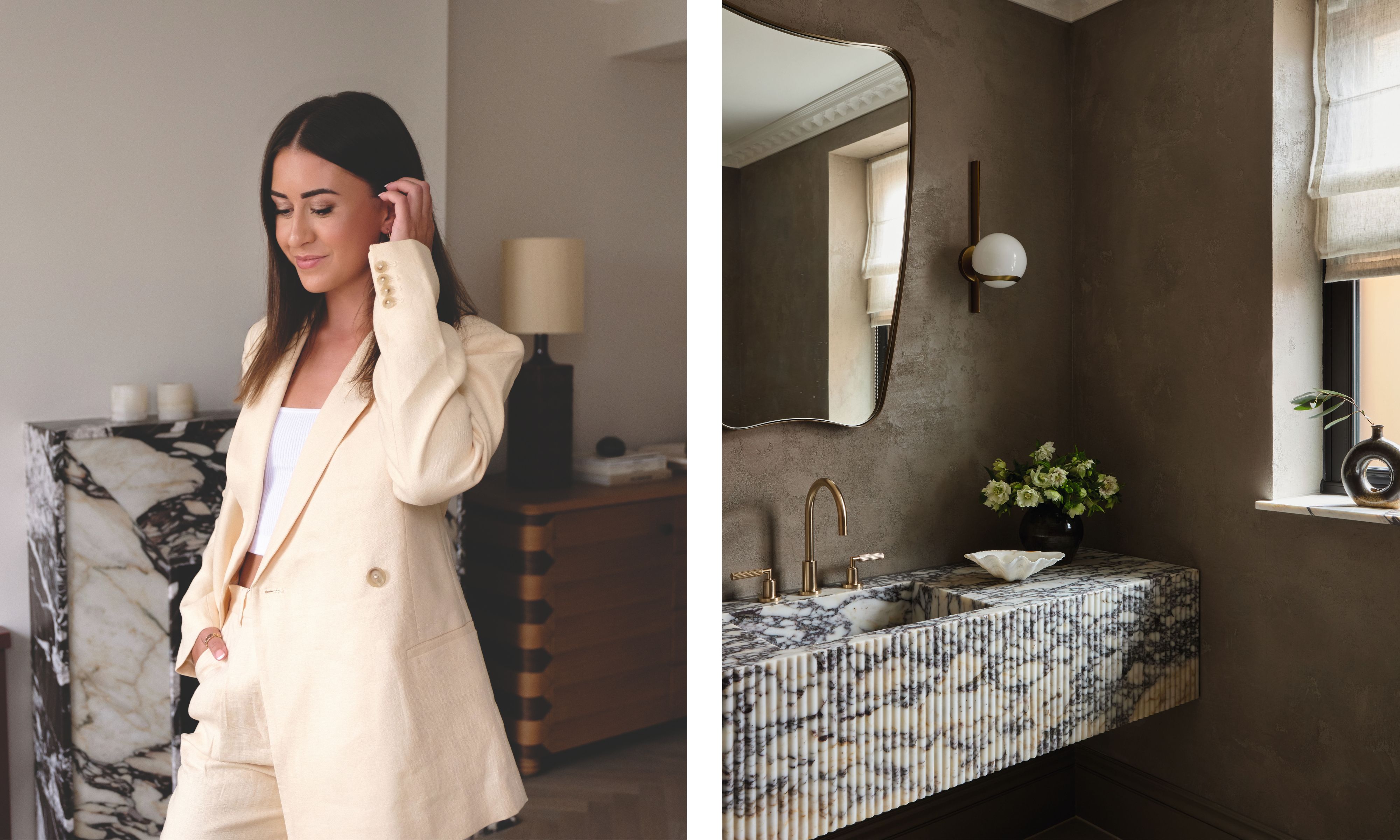 Left: Interior designer Amy Stoddart posing in a cream linen suit against a backdrop of a marble fireplace and minimalist decor. Right: A bespoke bathroom design by Amy Stoddart featuring a fluted marble vanity, brass fixtures, and textured plaster walls.