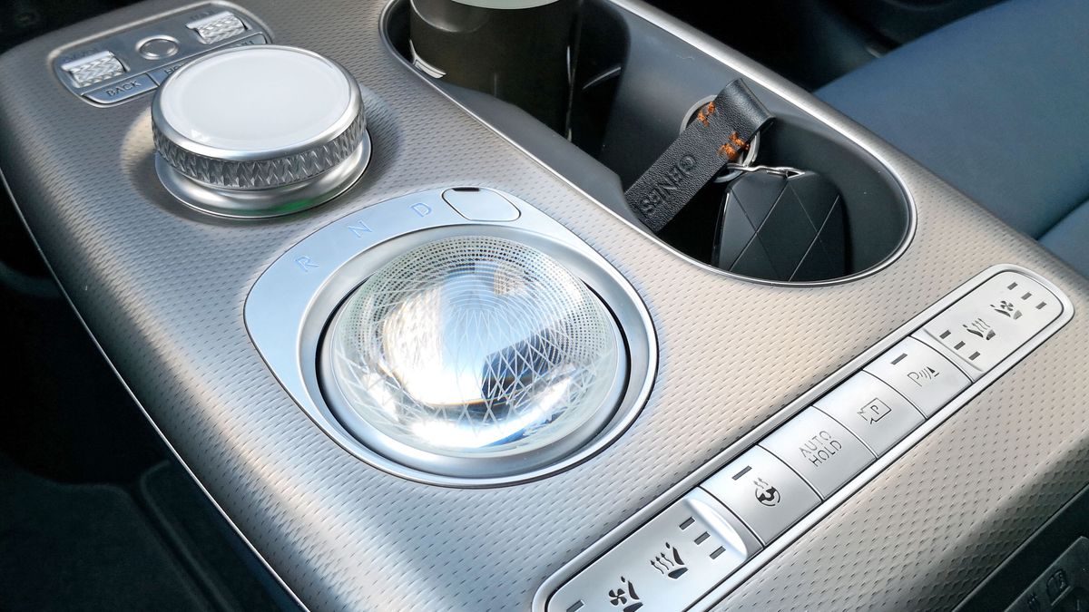 Close-up of magic glass orb in center console