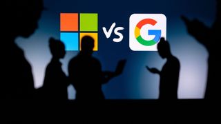 Microsoft vs Google. Innovating Together: Silhouetted Web Developers Uniting for Progress with Company Logo in Background