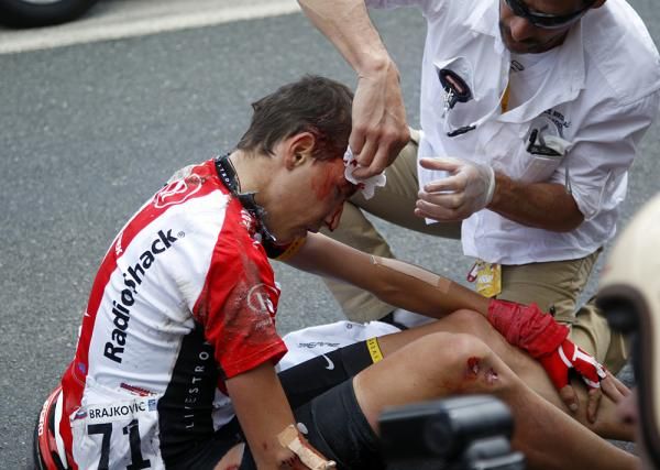 Janez Brajkovic (Radioshack) cracked his head and collarbone on stage 5