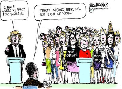Political cartoon U.S. 2016 election Donald Trump final debate women