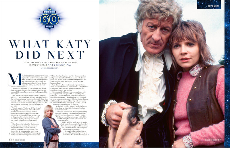 The Third Doctor (holding one of the Master's face masks) and Jo Grant.