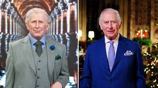 A wax figure of King Charles III is unveiled at Musee Grevin on March 24, 2023 in Paris, France AND In this image released on December 23, King Charles III is seen during the recording of his first Christmas broadcast in the Quire of St George's Chapel at Windsor Castle, on December 13, 2022 in Windsor, England.