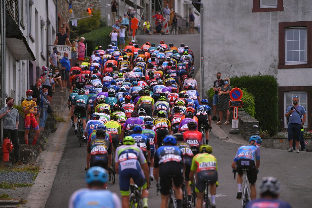 EREZEE BELGIUM AUGUST 19 Cte de SaintRoch 456m Houffalize City Peloton Fans Public Landscape Peloton during the 41st Tour de Wallonie 2020 Stage 4 a 1994km stage from Blegny to Ereze 334m TourdeWallonie TRW2020 on August 19 2020 in Erezee Belgium Photo by Luc ClaessenGetty Images