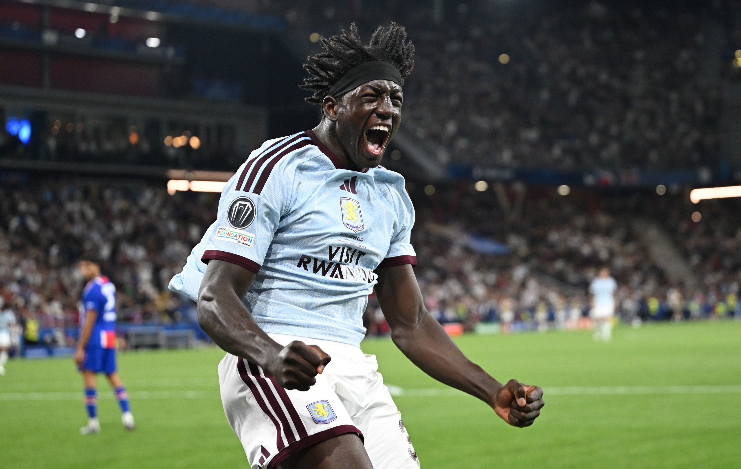 Brian Madjo of Aston Villa celebrates scoring his team's first goal during the UEFA Super Cup 2026 match against Paris Saint-Germain at Stadion Salzburg on August 12, 2026 in Salzburg, Austria