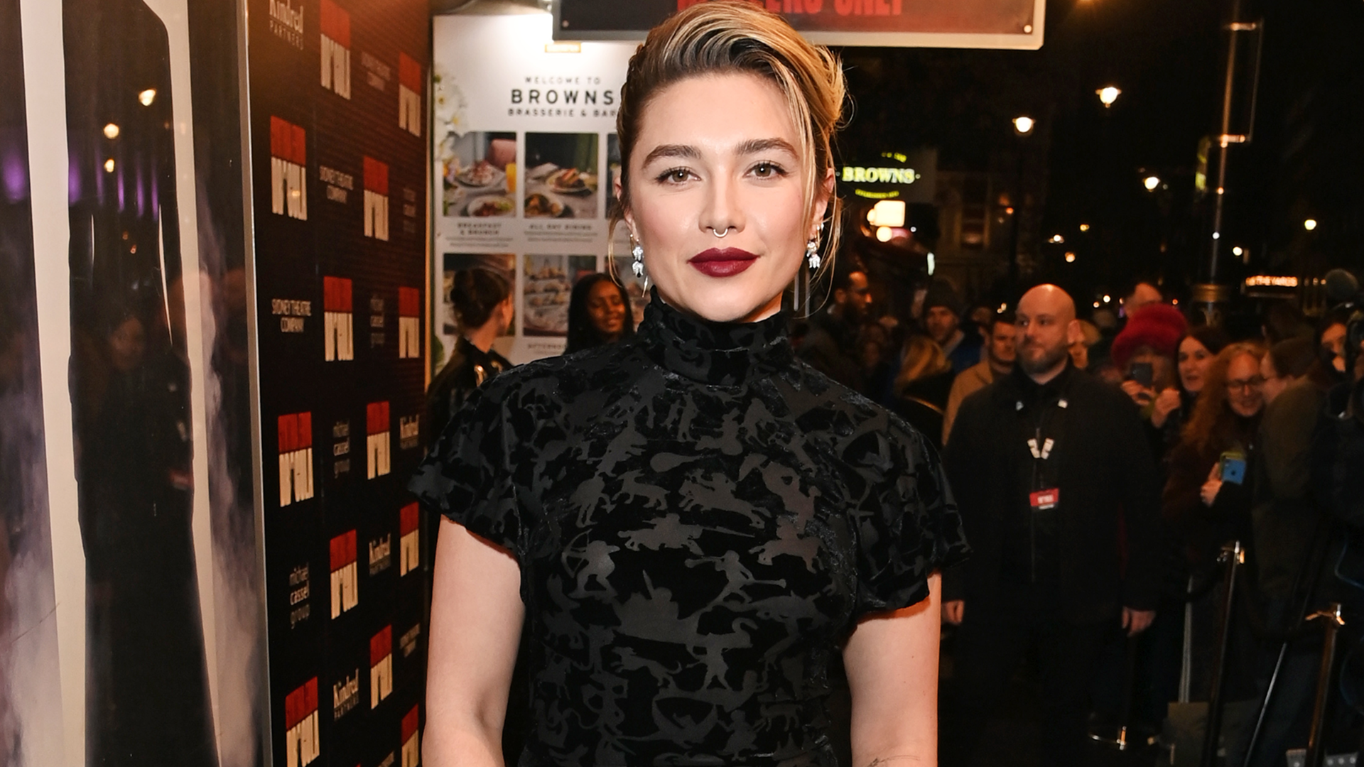 Florence Pugh attended Cynthia Erivo's Dracula performance in a gothic-glam black dress from Patou's recent runway show
