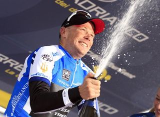 Chris Horner celebrates his race lead at Tirreno-Adriatico