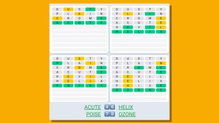 Quordle daily sequence answers for game 543 on a yellow background