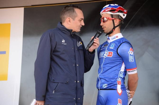 Nacer Bouhanni is interviewed before the start of the 2014 Paris-Nice