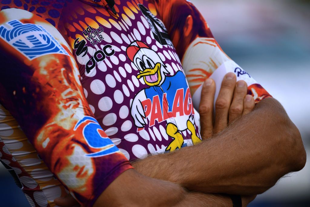 PALERMO ITALY OCTOBER 01 EF Pro Cycling special Rapha x Palace Skateboards Jersey Detail view during the 103rd Giro dItalia 2020 Team Presentation in Archaeological Park of Segesta in Palermo City Temple of Segesta girodiitalia Giro on October 01 2020 in Palermo Italy Photo by Stuart FranklinGetty Images