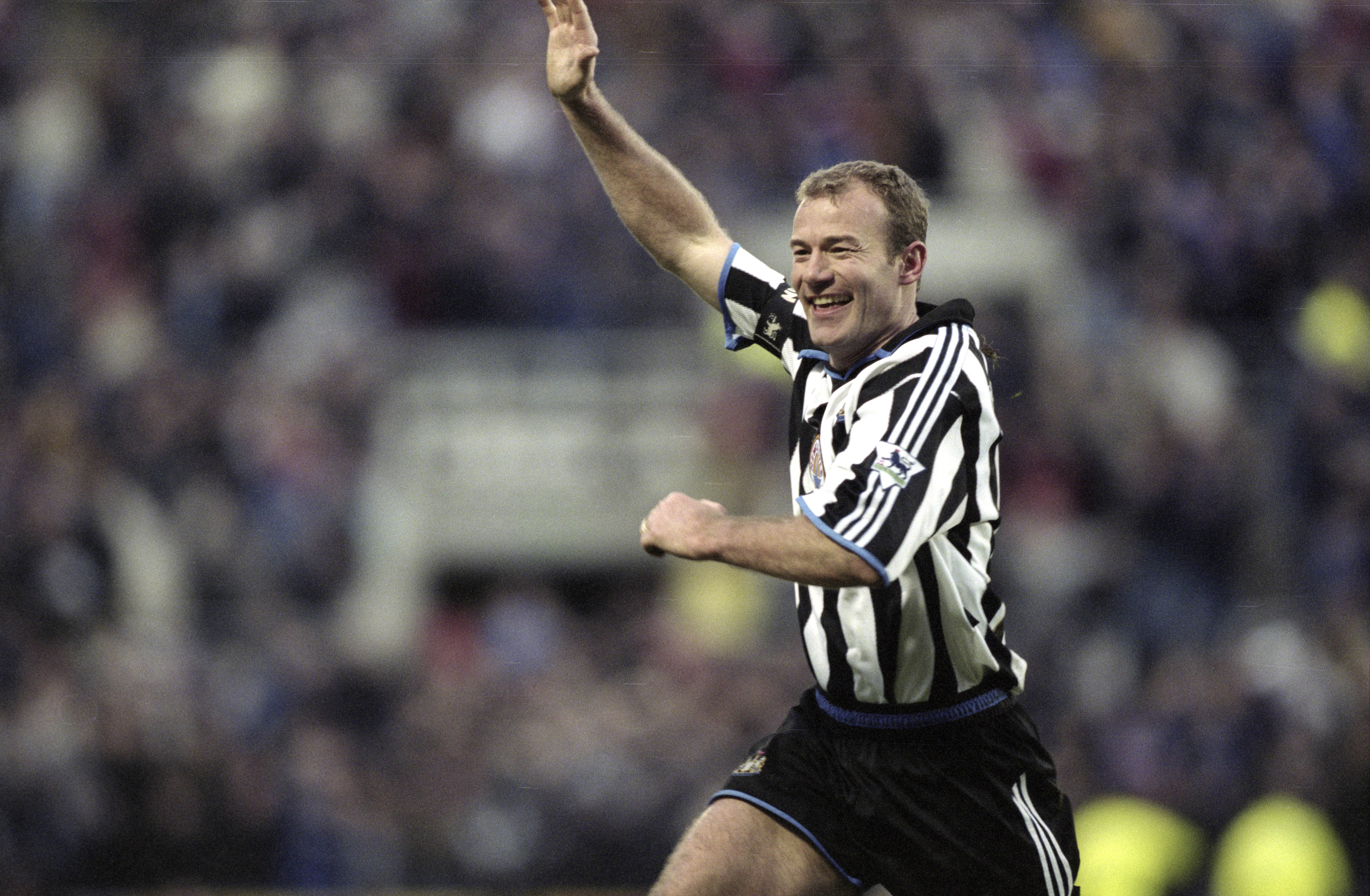 Alan Shearer celebrates after scoring a goal for Newcastle United against Manchester United in February 2000.