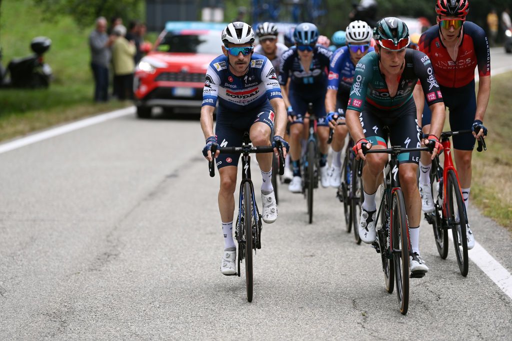 FAVRIA ITALY OCTOBER 05 LR Dries Devenyns of Belgium and Team Soudal QuickStep Bob Jungels of Luxembourg and Team BORAHansgrohe and Thymen Arensman of The Netherlands and Team INEOS Grenadiers compete during the 107th Gran Piemonte 2023 a 152km one day race from Borgofranco dIvrea to Favria on October 05 2023 in Favria Italy Photo by Tim de WaeleGetty Images