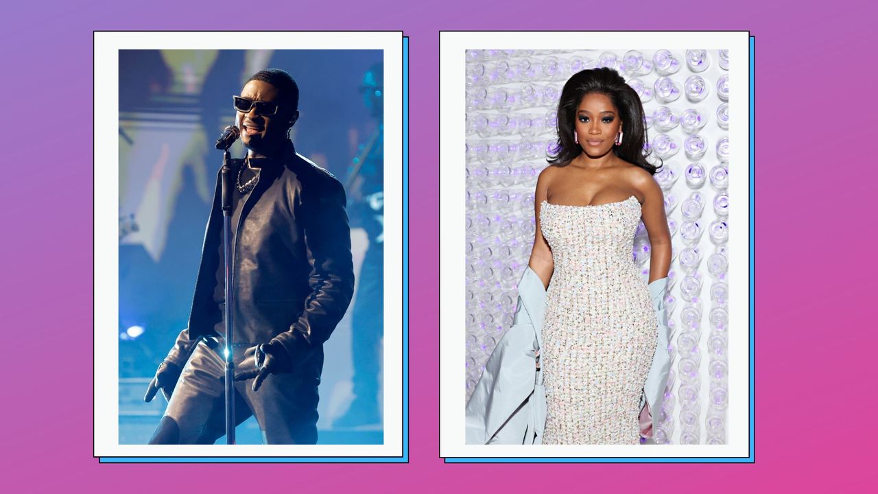 Usher performing and Keke Palmer posing in a glittery dress on a blue and purple background