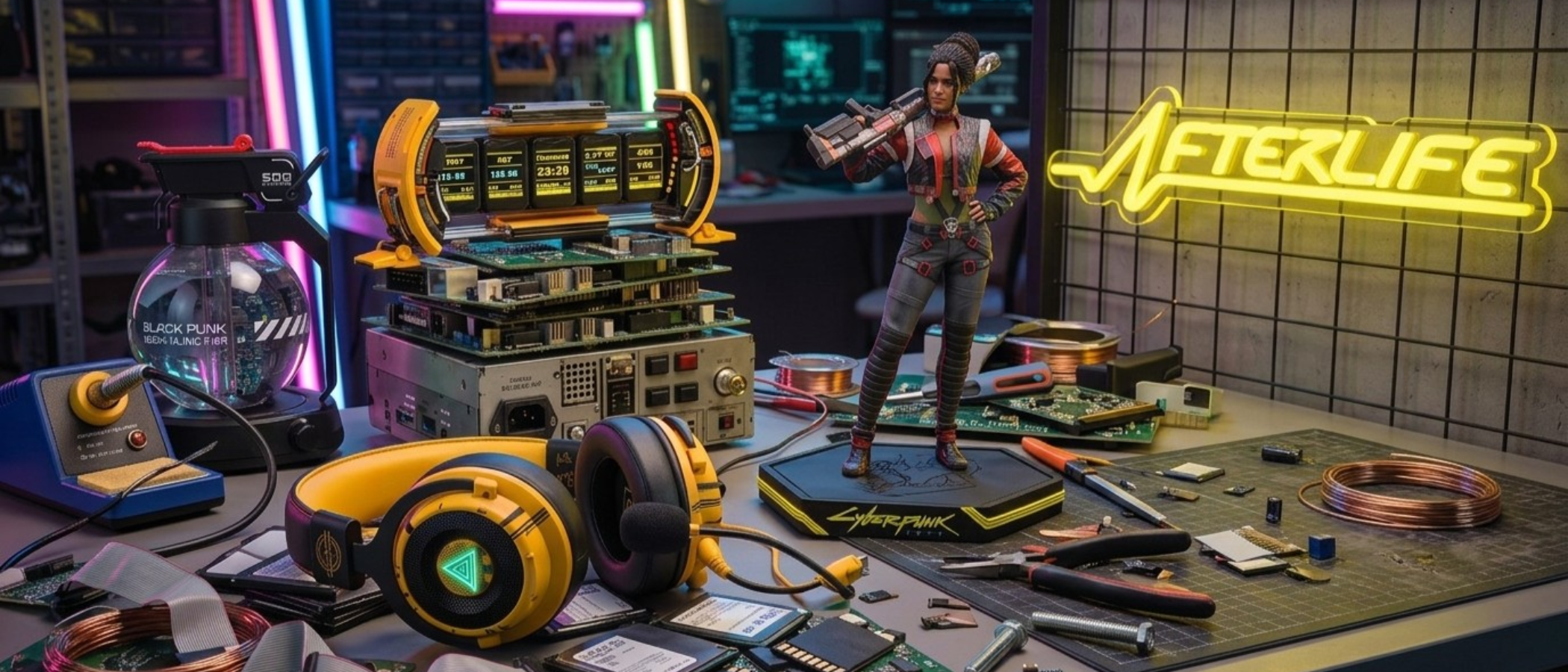 A selection of Cyberpunk 2077-themed home office gear in an industrial office setting